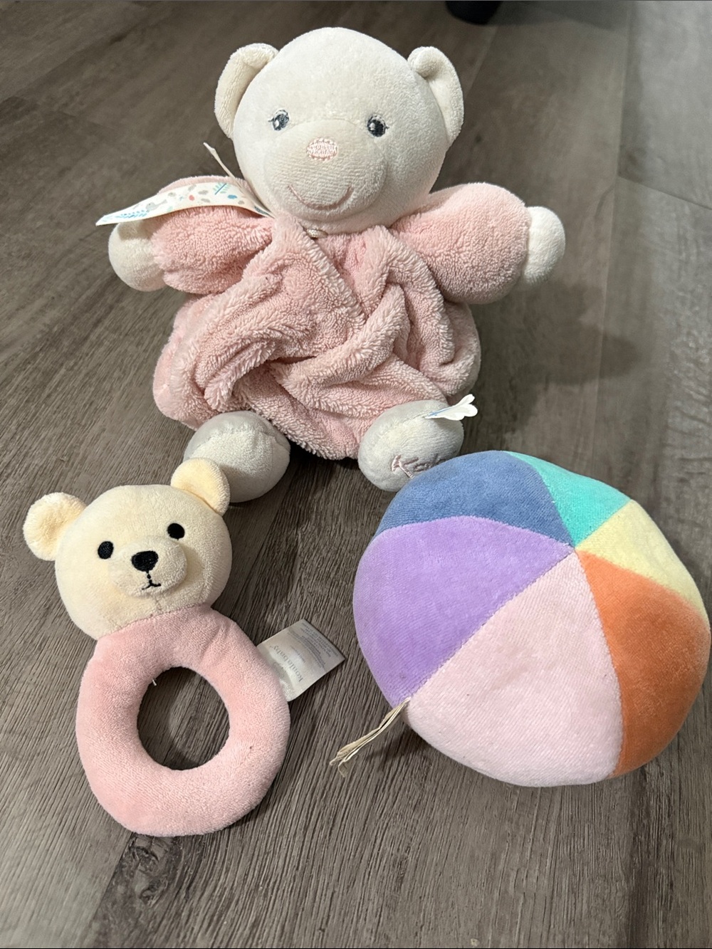 Soft Pink Bear rattle, soft rattle ball and pink Karoo teddy bear